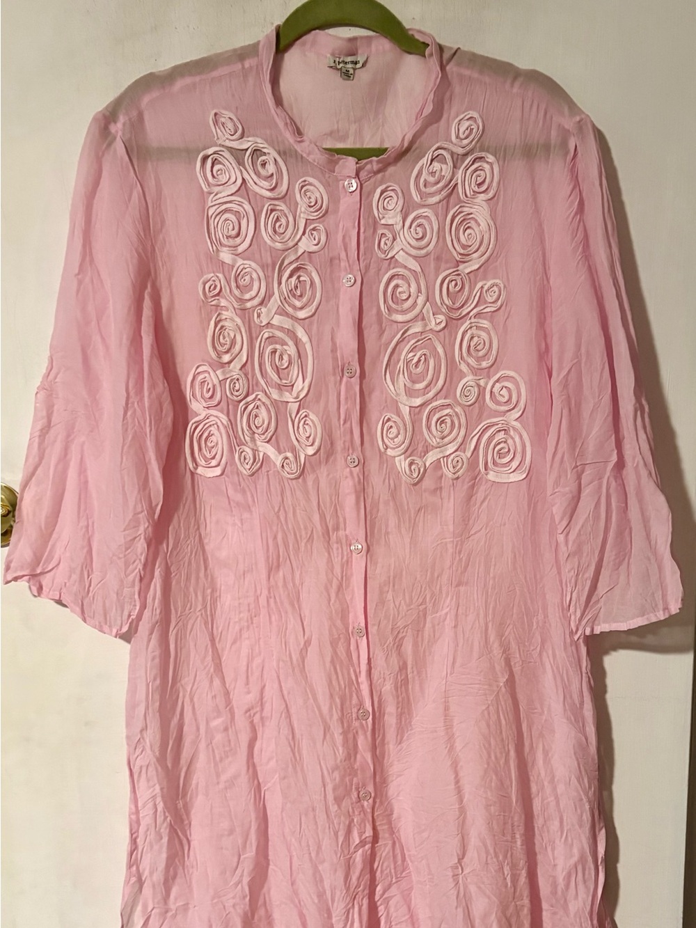 J. Peterman Light Pink Button-Front Tunic with White Rosette Trim